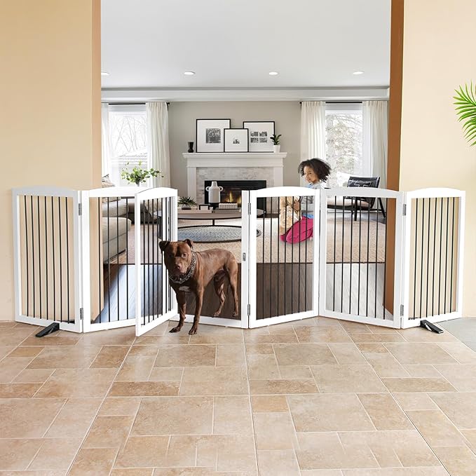ZJSF Foldable Indoor Dog Door with Walk Through Door, Freestanding Pet Door for The House,Doorways, Stairs, Pet Puppy Safety Fence with Support Feet, White 6 Panels 120" Wide 32&