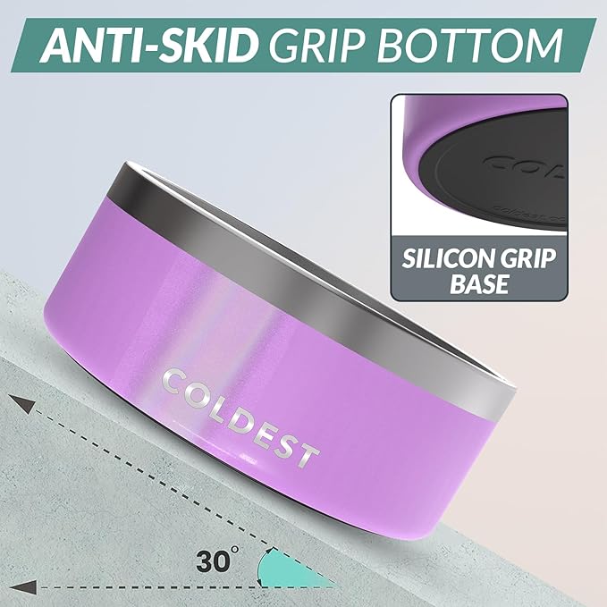 Coldest Dog Bowl - Anti Rust Metal, Non Slip, 3 Layers Insulated Stainless Steel Dog Bowls - Spill Proof &amp; Heavy Duty - Water Bowl for Dogs, Cats, Dish Washer Safe (100 oz, Saturns Purple Glitter)