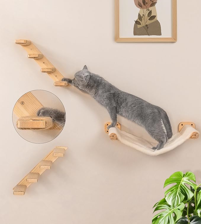 Cat Wall Shelves with 1 Floating Fabric Hammock, 2 Ladders with 4 Steps Each &amp; 1 Flat Cat Shelf, Wall Mounted Bed Furniture &amp; Climber, Indoor Playground