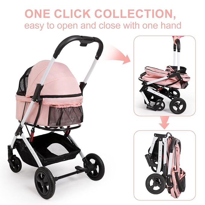 Pet Stroller for Medium Small Dog &amp; Cat, Foldable Lightweight Dog Stroller with Storage Basket Pet Travel Carriage with Safety Leashes, 4 Wheel, Pink