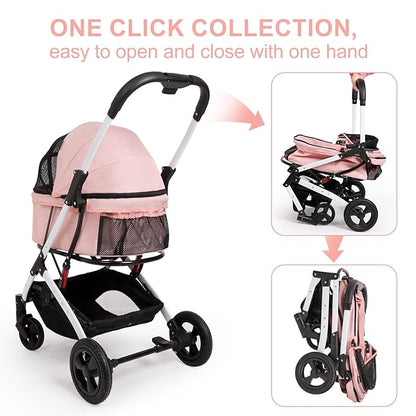 Pet Stroller for Medium Small Dog &amp; Cat, Foldable Lightweight Dog Stroller with Storage Basket Pet Travel Carriage with Safety Leashes, 4 Wheel, Pink