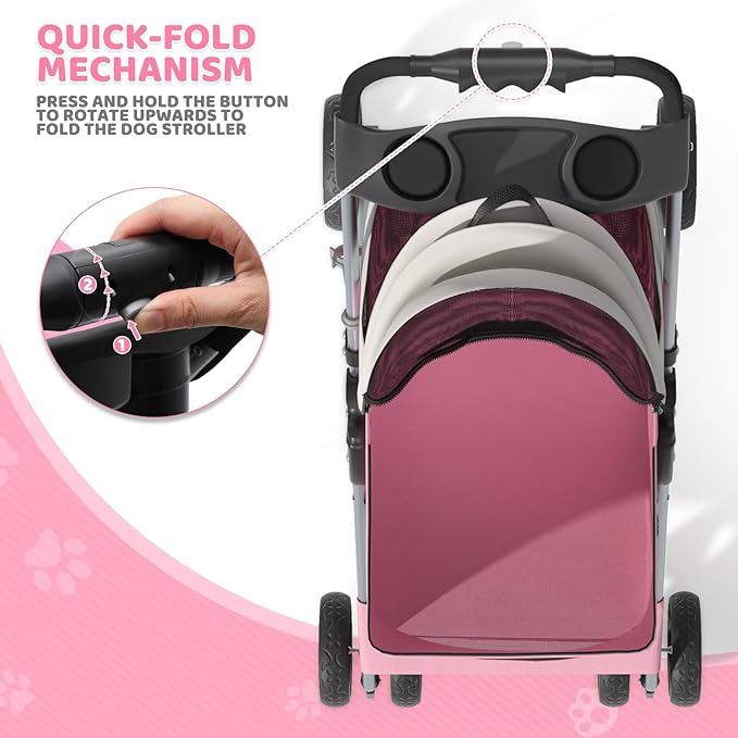 Magshion Foldable Pet Stroller, 3-in-1 Dog Travel Jogger with Detachable Carrier, Cup Holder, Storage Basket, Folding Carrier for Small/Medium Dogs &amp; Cats Up to 33 lbs, Pink