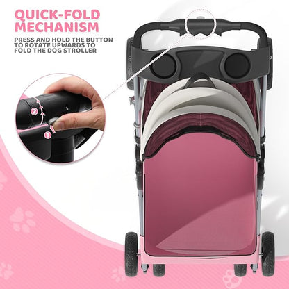 Magshion Foldable Pet Stroller, 3-in-1 Dog Travel Jogger with Detachable Carrier, Cup Holder, Storage Basket, Folding Carrier for Small/Medium Dogs &amp; Cats Up to 33 lbs, Pink