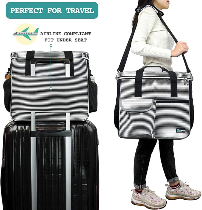 PetAmi Dog Travel Bag - Organizer with Food Container, Bowls &amp; Accessories for Weekend Camping, Cat Diaper Bag (Stripe Black, Large)