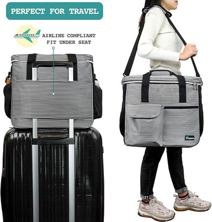 PetAmi Dog Travel Bag - Organizer with Food Container, Bowls &amp; Accessories for Weekend Camping, Cat Diaper Bag (Stripe Black, Large)