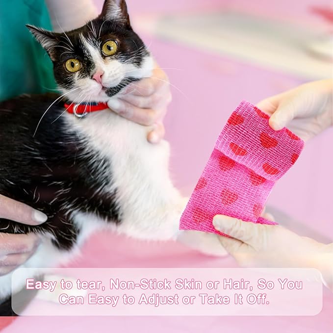 24 Pack Self Adhesive Vet Wrap &amp; Medical Tape, 2 Inch x 5 Yards Cohesive Bandage Wrap - Pink Heart Grip Tape for Ankle, Wrist Sprains, Sports, Pet First Aid