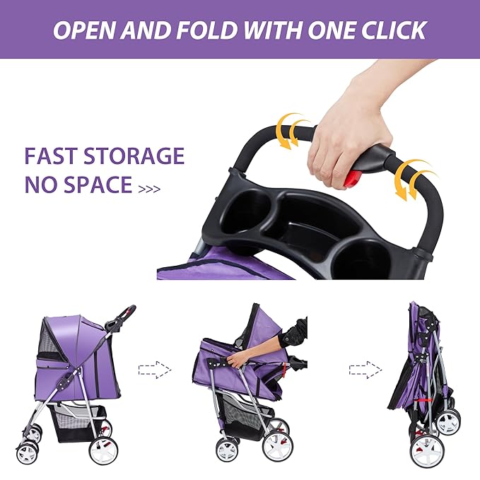 4 Wheels Pet Stroller for Small Medium Dogs Cats 10-33 lbs, Foldable Dog and Cat Stroller with Cup Holder &amp; Storage Basket &amp; Breathable Mesh, Pet Strolling Cart for All-Season, Purple