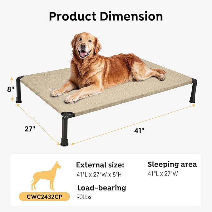 Veehoo Heavy Duty Elevated Dog Bed - Raised Bed with Washable &amp; Breathable Teslin Mesh, Non-Slip Silicon Feet, Cooling Dog Cot, Indoor/Outdoor Use, 41" x 27", Beige Coffee