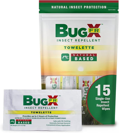 CoreTex Bug X FR DEET-Free Insect Repellent Wipes with Resealable Travel Bag - Pack of 15 Single-Use, Naturally Derived Geranium Oil Bug Wipes - Protects Against Flies, Fleas &amp; Mosquitoes