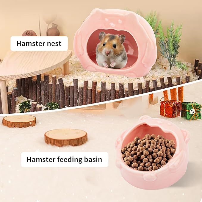 Bear-Shaped Hamster Hideout &amp; Food Bowl Set - Ceramic Habitat for Syrian Dwarf Hamsters, Mice, Gerbils - All-Season Use, Chew-Proof Ceramic House and Feeding Dish for Small Pets(Pink)