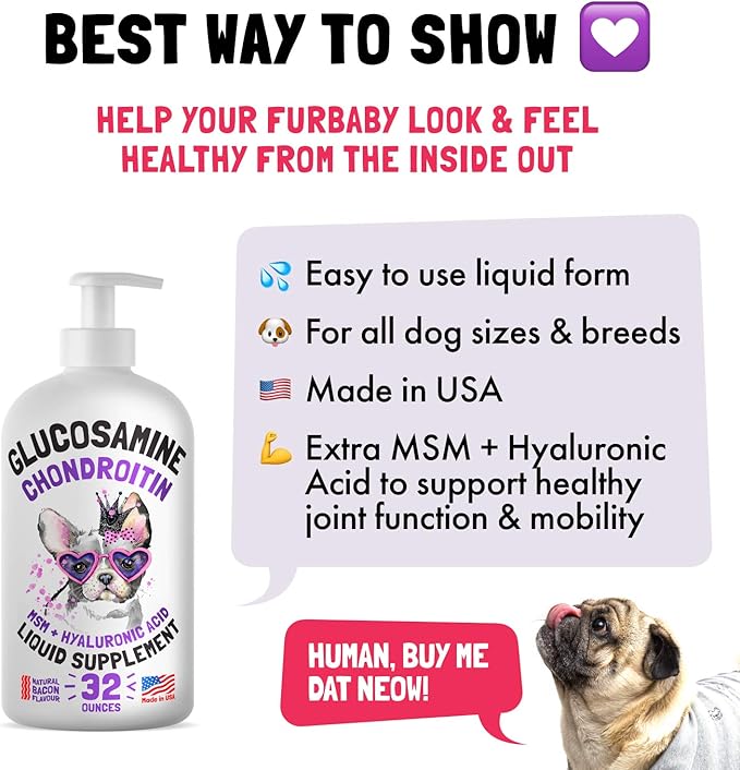 Liquid Glucosamine for Dogs Bacon Flavour Chondroitin, MSM &amp; Hyaluronic Acid K9 Supplement Hip and Joint Formula Advanced Mobility Joint Pain Relief Senior Advanced Supplement for All Breeds 32 oz