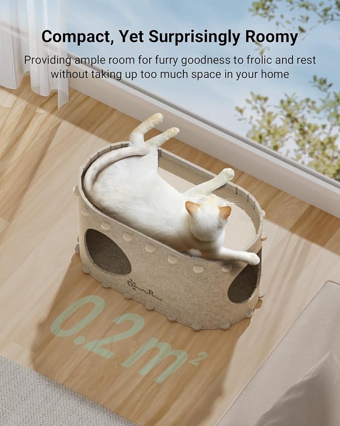 DownyPaws Cat House for Indoor Cats, Cat Bed Cave for Multiple &amp; Large Cats Up to 22 Lbs, Scratch Resistant, Foldable Peekaboo Kitten Caves Tunnel Enclosed Bed, PeekaPurr, Cream