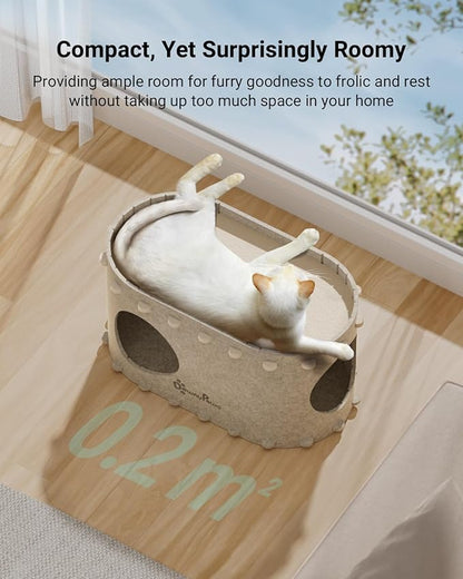 DownyPaws Cat House for Indoor Cats, Cat Bed Cave for Multiple &amp; Large Cats Up to 22 Lbs, Scratch Resistant, Foldable Peekaboo Kitten Caves Tunnel Enclosed Bed, PeekaPurr, Cream