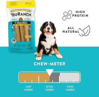 Collagen Rolls - 9" Collagen Rolls for Dogs - Long Lasting Healthy Joint Support Dog Treat - Rawhide Alternative - Skin &amp; Coat Health - Made with Real Peanut Butter, 1 Bag, 3 Count
