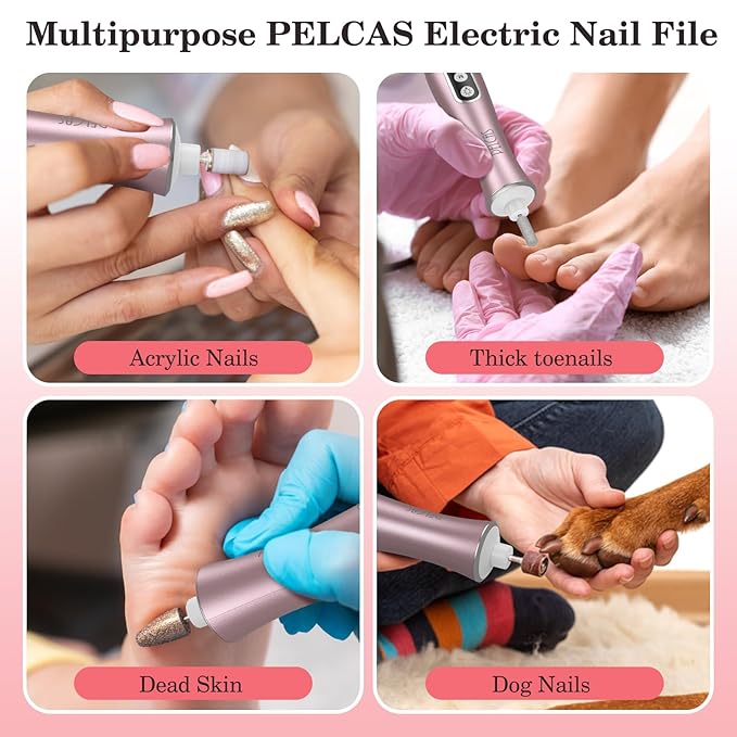 PELCAS Electric Nail File, 10 Speeds Cordless Nail Drill Kit with LED Light, Professional Nail Grinder with LCD Screen Portable e File for Human, Pet, Thick Toenails, Natural &amp; Acrylic Nails Pink