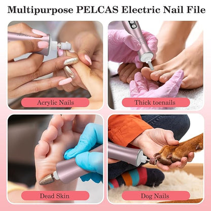 PELCAS Electric Nail File, 10 Speeds Cordless Nail Drill Kit with LED Light, Professional Nail Grinder with LCD Screen Portable e File for Human, Pet, Thick Toenails, Natural &amp; Acrylic Nails Pink