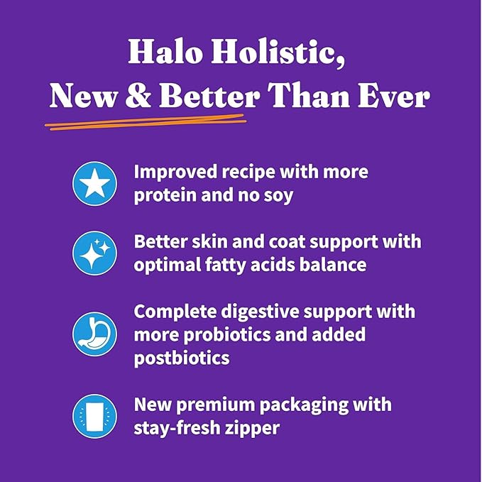 Halo Holistic Cat Food Wild Caught Salmon &amp; Whitefish Formula, Healthy Grains Dry Cat Food, For Sensitive Stomach Support, Kibble for Adult Cats, 10 lb Bag