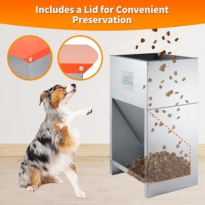 Dog Feeder - Galvanized Metal Pet Food Station for Indoor &amp; Outdoor Use - Automatic Gravity-Fed Dispenser Suitable for Small, Medium, and Large Dog Breeds - Capacity: 25 Pounds of Dry Kibble