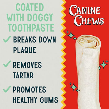 Canine Chews 10-11" Dental Coated Jumbo Rawhide Retriever Rolls (8 Pack) - Breath Freshening &amp; Long Lasting Dental Chews for Dogs Large Size - Teeth Cleaning Dog Treats for Aggressive Chewers
