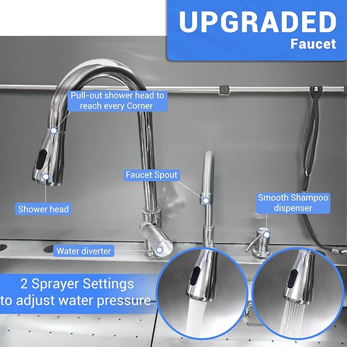 Professional Dog Grooming Tub, 62" Stainless Steel Dog Wash Station with Foldable Ramp, Storage Drawer, Floor Grate &amp; Faucet/Dog Bathtub for Large, Medium &amp; Small Pets - Left Door (62")