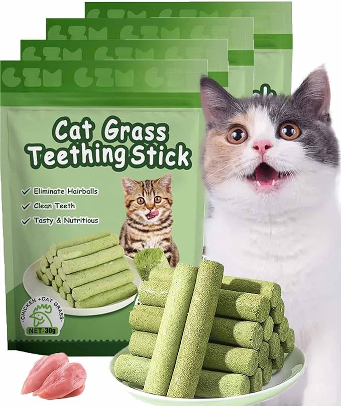 Primeco Cat Grass Teething Stick, Natural Grass Molar Rod Made of Chicken &amp; Cat Grass, 6 PCS Per Bag for Cat Indoor Teeth Cleaning, Hairball Removal, Dental Care, Increase Appetite (4 pcs)