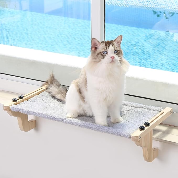 Easy Seat Cat Perch for Window Sill - Hammock Design w/Pine Wood &amp; Robust Metal Frame - Cat Window Seat for Large Cats and Kittens (Natural Color Wood w/Gray Bed, Large (26&