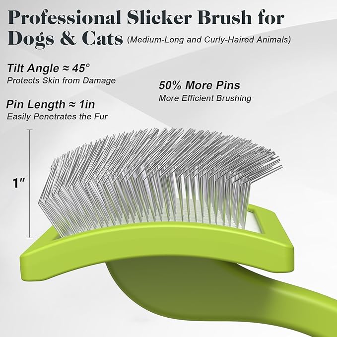 2PCS Slicker Brush for Dogs &amp; Pet Comb,Professional Dog Grooming Brush (Goldendoodles,Poodles,Labradoodles) with Extra Long Pins to Effectively Remove Tangles, Knots and Mats (Green)
