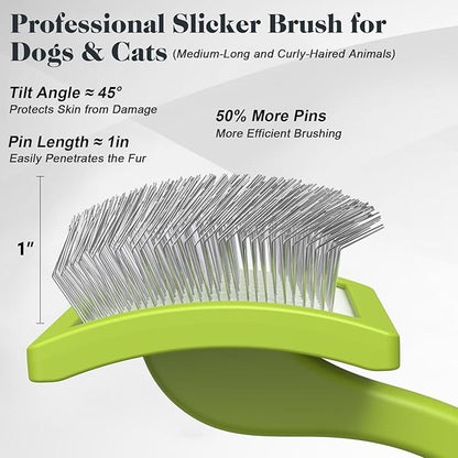 2PCS Slicker Brush for Dogs &amp; Pet Comb,Professional Dog Grooming Brush (Goldendoodles,Poodles,Labradoodles) with Extra Long Pins to Effectively Remove Tangles, Knots and Mats (Green)
