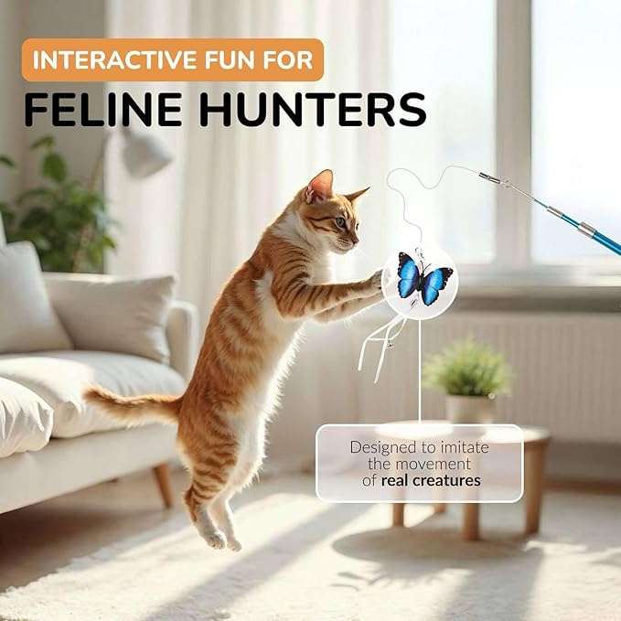 PAWSITIVE Interactive Cat Toys - Retractable Feather Wand with Refill Set 12PCS - Perfect for Indoor Cats to Chase, Exercise &amp; Bond with Their Owners