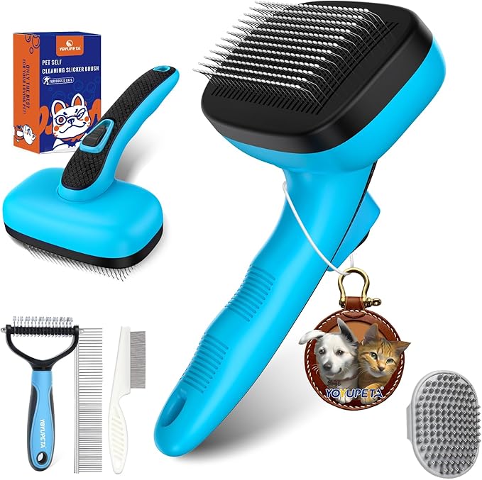 5 PCS Dog Grooming Brush Kit – Self Cleaning Slicker Brush for Shedding Short &amp; Long Haired Dogs &amp; Cats. Removes Loose Fur, Undercoat, Mats, Tangles. Suit for Small, Medium &amp; Large Pets. Blue