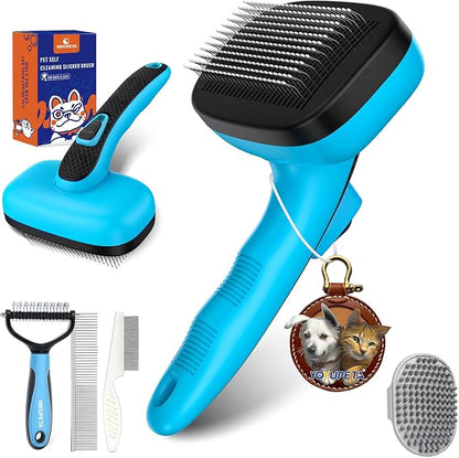 5 PCS Dog Grooming Brush Kit – Self Cleaning Slicker Brush for Shedding Short &amp; Long Haired Dogs &amp; Cats. Removes Loose Fur, Undercoat, Mats, Tangles. Suit for Small, Medium &amp; Large Pets. Blue