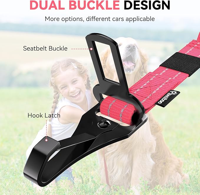 Pawaboo 2Pack Dog Seatbelt for Car, 3-in-1 Dog Car Seat Belt Bungee, Shockproof Dog Tether for Car with Buckle &amp; Hook Latch, Adjustable Reflective Dog Harness Leash with 360° Lockable Buckle, Pink
