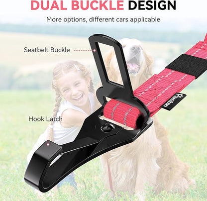 Pawaboo 2Pack Dog Seatbelt for Car, 3-in-1 Dog Car Seat Belt Bungee, Shockproof Dog Tether for Car with Buckle &amp; Hook Latch, Adjustable Reflective Dog Harness Leash with 360° Lockable Buckle, Pink