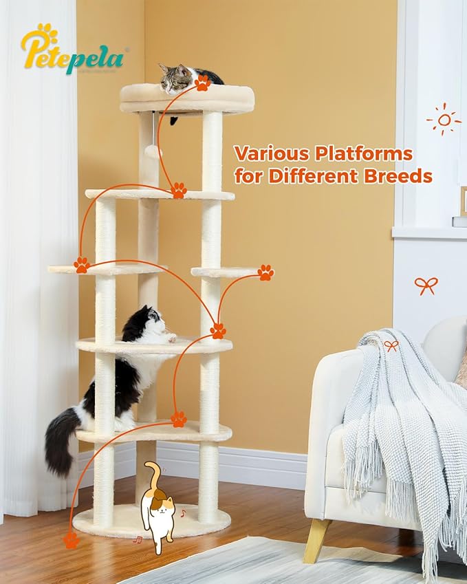 PETEPELA 61" Cat Tree for Indoor Cats, [6-Levels] Cat Climbing Tower with 9 Sisal Scratching Posts and Replaceable Dangling Ball &amp;Top Perch, Beige
