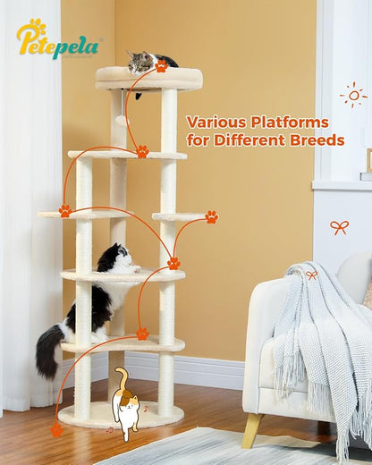 PETEPELA 61" Cat Tree for Indoor Cats, [6-Levels] Cat Climbing Tower with 9 Sisal Scratching Posts and Replaceable Dangling Ball &amp;Top Perch, Beige