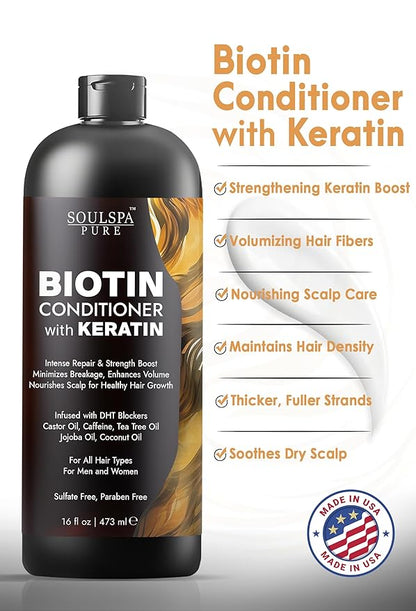 Biotin Conditioner with Keratin - Intense Repair &amp; Strength Boost Formula - Nourishes Scalp for Healthy Hair Growth, with Tea Tree Oil &amp; DHT Blockers, for Men &amp; Women, 16 fl oz - SOULSPA PURE