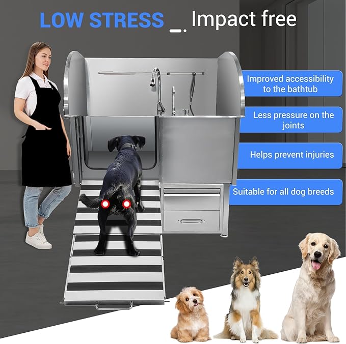 Professional Dog Grooming Tub, 50" Stainless Steel Dog Wash Station with Foldable Ramp, Storage Drawer, Floor Grate &amp; Faucet/Dog Bathtub for Large, Medium &amp; Small Pets - Left Door (50")