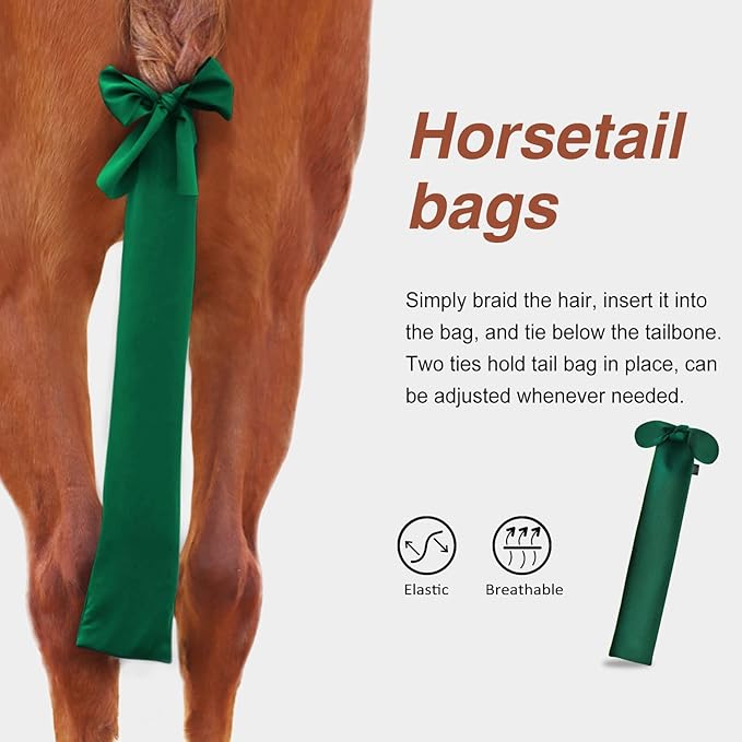 Harrison Howard Stretchy Tail Bag Breathable Horse Tail Guard Slip on Design Protect Horse Tail 2 Strand Closure Straps Keep Tail Clean &amp; Protected 22" L Length Makes Grooming Easy-Deep Green