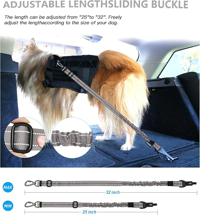 AUBELL Dog Seat Belt for Car,2 Pack Set 3-in-1 Adjustable Reflective Bungee Heavy Duty Dog Car Harness Tether with Clip Hook Latch &amp; Buckle,Swivel Zinc Alloy Carabiner,Black+Grey
