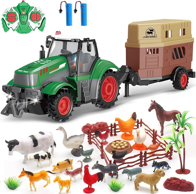 fisca Remote Control Tactor Toy Set &amp; 33PSC Farm Vehicle Playset - Animal Figurines ,2.4GHz 1/24 Scale RC Tractor,Livestock Trailer, Fence with Light for Kids Age 4, 5, 6, 7 and Up Years Old