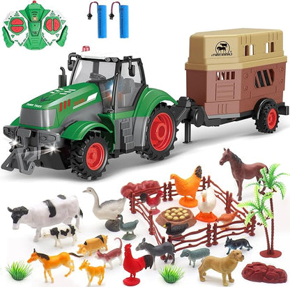 fisca Remote Control Tactor Toy Set &amp; 33PSC Farm Vehicle Playset - Animal Figurines ,2.4GHz 1/24 Scale RC Tractor,Livestock Trailer, Fence with Light for Kids Age 4, 5, 6, 7 and Up Years Old