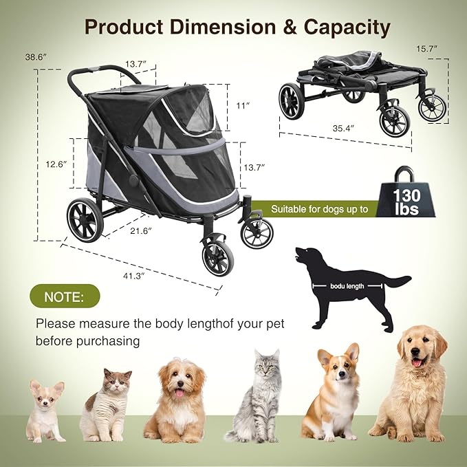 Dog Stroller for Medium/Large Dogs One-Click Folding, Extra Large Pet Stroller for 2 Dogs with Storage Pocket &amp; Shock Absorption, Up to 130 lbs, Grey