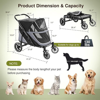 Dog Stroller for Medium/Large Dogs One-Click Folding, Extra Large Pet Stroller for 2 Dogs with Storage Pocket &amp; Shock Absorption, Up to 130 lbs, Grey