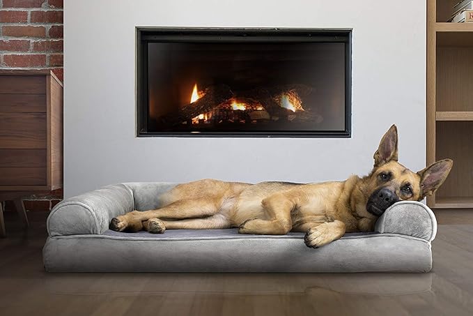 Furhaven Orthopedic Dog Bed for Large Dogs w/ Removable Bolsters &amp; Washable Cover, For Dogs Up to 95 lbs - Faux Fur &amp; Velvet Sofa - Smoke Gray, Jumbo/XL