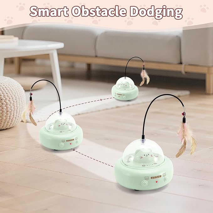 Automatic Cat Toys with Feathers, Interactive Cat Toy for Indoor Exercise, Rechargeable Teasing Toys for Indoor Cats, USB Powered, Smart Standby&amp;Obstacle Avoidance(Green)