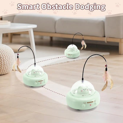 Automatic Cat Toys with Feathers, Interactive Cat Toy for Indoor Exercise, Rechargeable Teasing Toys for Indoor Cats, USB Powered, Smart Standby&amp;Obstacle Avoidance(Green)