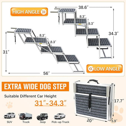 20" Extra Wide Dog Ramp, 4-Step Foldable Pet Stairs with Non-Slip Carpet - Lightweight Aluminum for SUV/Truck/Car &amp; High Beds - Supports Large Dogs up to 200Lbs