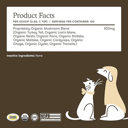 Fera Pets Mushroom Supplement for Dogs &amp; Cats with Turkey Tail - USDA Organic - Cognitive and Immune Support - Enhances Liver Function - Supports a Healthy Gut - Powder - 120 Scoops