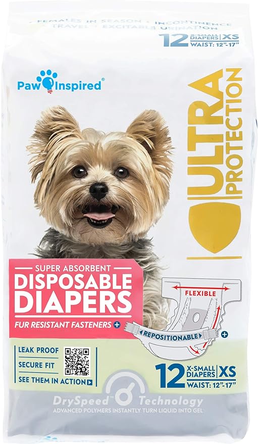 Paw Inspired Disposable Dog Diapers | Female Dog Diapers Ultra Protection | Diapers for Dogs in Heat, Excitable Urination, or Incontinence (12&amp;144 Count) (X-Small (12 Count))