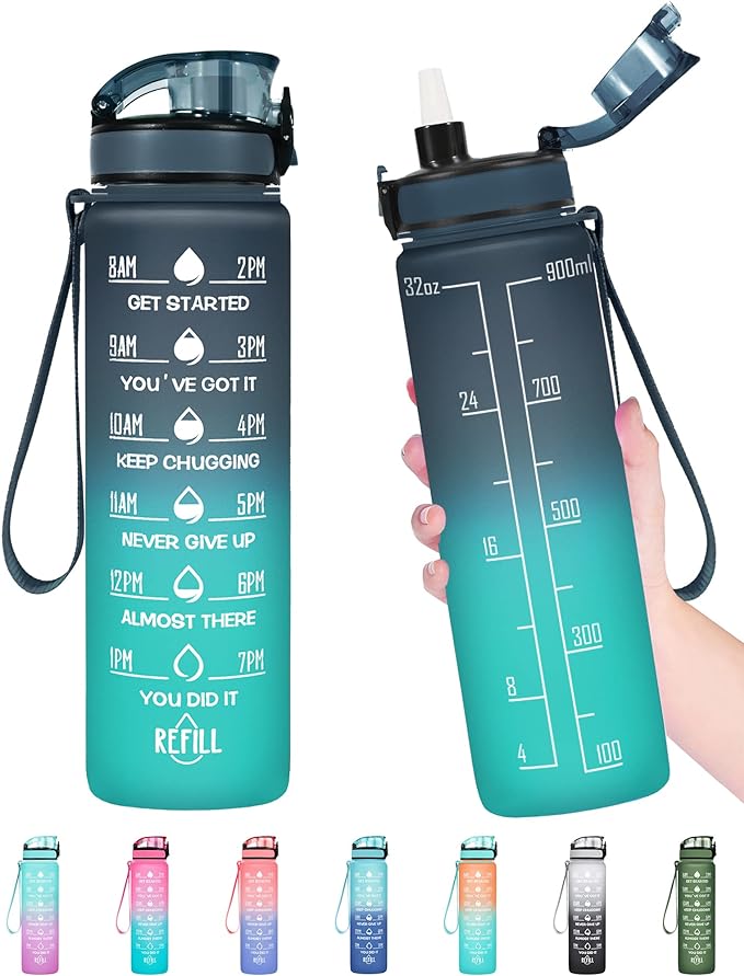Enerbone Water Bottle, Leakproof BPA &amp; Toxic Free, Motivational Water Bottle with Times to Drink and Straw, Fitness Sports Water Bottle with Strap for Office, Gym, Outdoor Sports